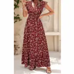 Robe Imprimée Fleur Rouge Manches Courtes