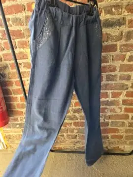 2nde Main XL - Pantalon Femme taille élastique - maille effet Lin Bleu Denim